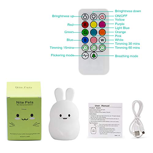 Luz Nocturna Infantil Tekemai, Luz de Noche Bebé, Lámpara de Mesa, lámpara de cabecera,9 colores cambiando/USB recargable/control remoto y táctil regulable,Navidad y regalos de cumpleaños - Conejo
