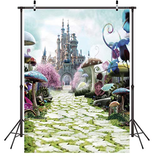LYWYGG 5x7FT Telón de Fondo de Vinilo Fotografía de telón de Fondo Fantástico Castillo y Fondo de Setas de Colores para la Fiesta de cumpleaños Atrezzo de Estudio CP-108