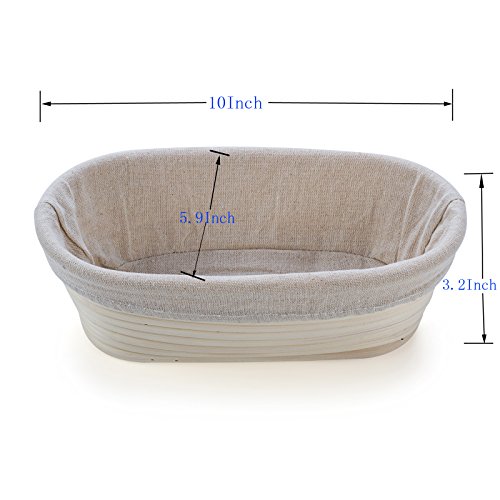 M JINGMEI Banneton Pruebas Cesta 10"Oval Banneton Brotform Cuenco de ratán para Masa de Pan y Cepillo [Libre] Borradores de Aumento(hasta 750g) + Free Liner + Libre Pan Horquilla