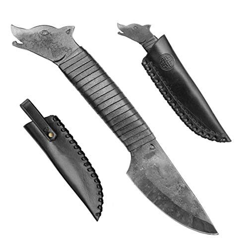 Madhammers - Cuchilla de Acero Forjado a Mano con Cabeza de Lobo y Punta y Funda de Piel auténtica en Color Negro, para Amantes del Arte y la Cultura, Longitud Total de 24 cm, Regalo Original
