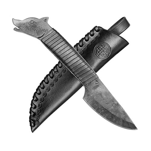 Madhammers - Cuchilla de Acero Forjado a Mano con Cabeza de Lobo y Punta y Funda de Piel auténtica en Color Negro, para Amantes del Arte y la Cultura, Longitud Total de 24 cm, Regalo Original