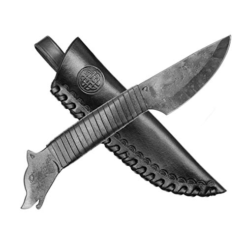 Madhammers - Cuchilla de Acero Forjado a Mano con Cabeza de Lobo y Punta y Funda de Piel auténtica en Color Negro, para Amantes del Arte y la Cultura, Longitud Total de 24 cm, Regalo Original