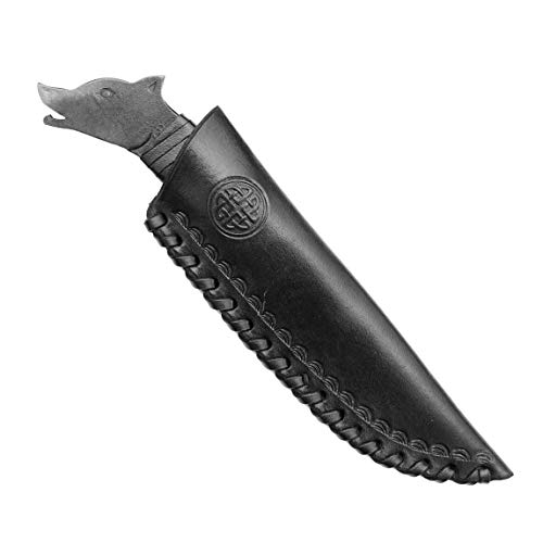 Madhammers - Cuchilla de Acero Forjado a Mano con Cabeza de Lobo y Punta y Funda de Piel auténtica en Color Negro, para Amantes del Arte y la Cultura, Longitud Total de 24 cm, Regalo Original