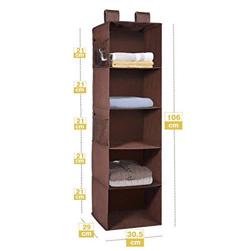 MaidMAX Organizador Colgante para Armario de 5 Niveles y con 4 Bolsillos, Estantería Colgante de Tela, Estante de Tela para Armario para Ropa, Toallas, Marrón