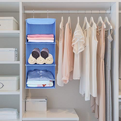 MaidMAX Organizador para Armario, Estantería Colgante de Tela para Ropa, Organizador de Ropa Colgante, 3 Niveles y 2 Ganchos, Azul Cielo