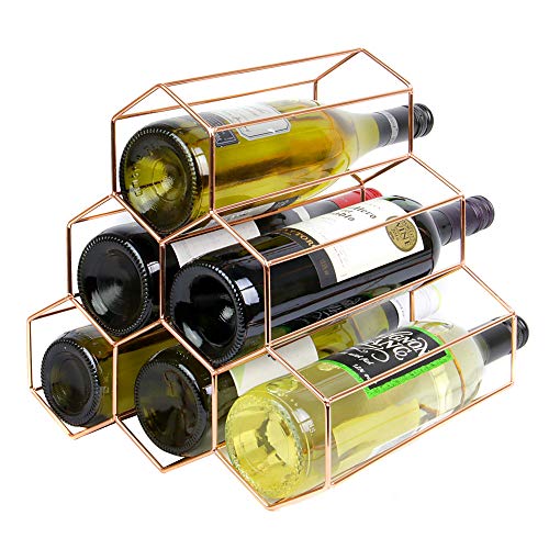 Maison & White Estante del vino de oro rosa | Estantería de vino independiente de 6 botellas | Diseño moderno del hexágono | Mueble estantería de vino