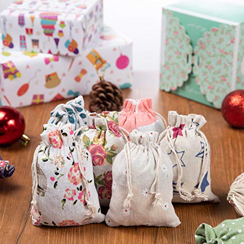 Maojuee 20 Piezas Bolsa de Cordón de Algodón y Lino Para Guardar Regalos Bolsa de lino de algodón Impresión Floral Bolsas de Arpillera 10×14 CM (B)