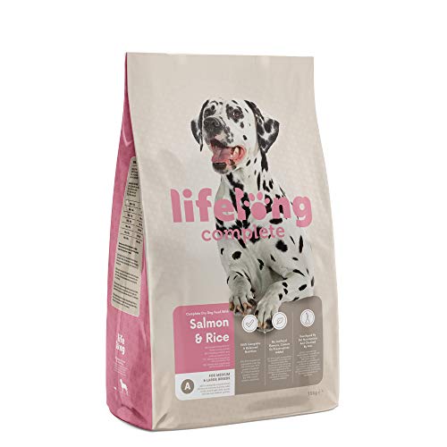 Marca Amazon - Lifelong Complete- Alimento seco completo para perros perros adultos con salmón y arroz, 1 x 15 kg