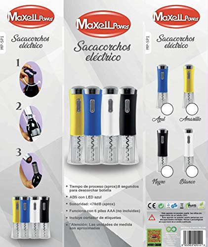 Maxell Power CE SACACORCHOS ELECTRICO Pilas ABREBOTELLAS AUTOMATICO Cortador Etiquetas Colores Garantía (Negro)