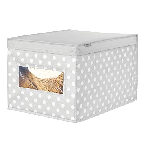 mDesign Caja con tapa grande con estampado de puntos – Cajas apilables para guardar ropa o zapatos – Cajas para armarios con tapa y ventana – gris/blanco