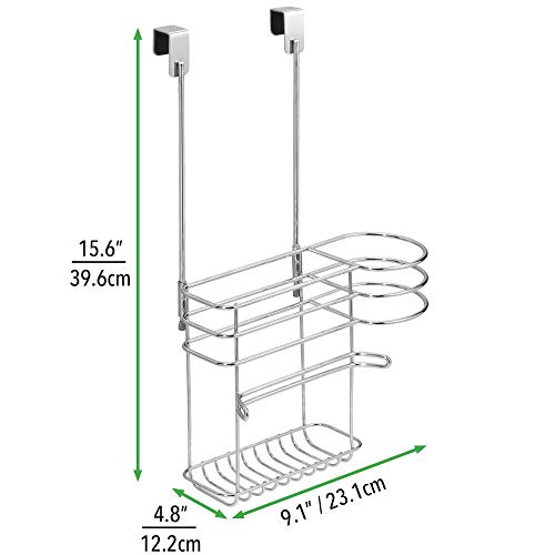mDesign organizador de baño con 2 compartimentos - Soporte para secador de pelo sin perforaciones en color cromado - Ideal también para plancha pelo