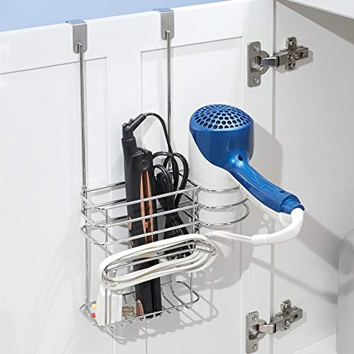 mDesign organizador de baño con 2 compartimentos - Soporte para secador de pelo sin perforaciones en color cromado - Ideal también para plancha pelo