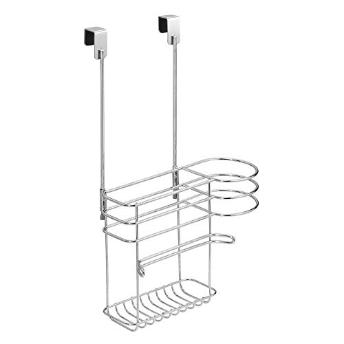 mDesign organizador de baño con 2 compartimentos - Soporte para secador de pelo sin perforaciones en color cromado - Ideal también para plancha pelo