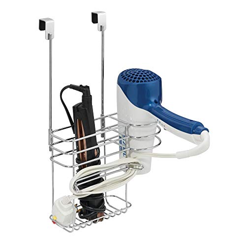 mDesign organizador de baño con 2 compartimentos - Soporte para secador de pelo sin perforaciones en color cromado - Ideal también para plancha pelo