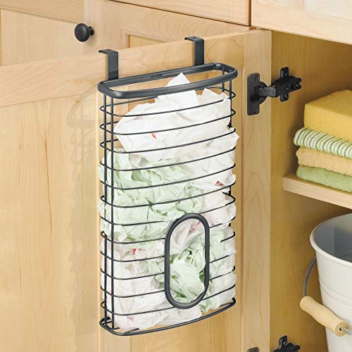 mDesign Organizador de bolsas plásticas para colgar en la puerta – Caja organizadora para cocina en metal – Práctico dispensador de bolsas colgante para bolsas de congelador y de residuos – gris