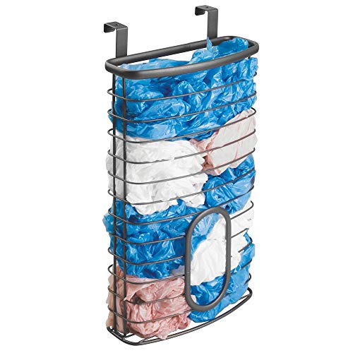 mDesign Organizador de bolsas plásticas para colgar en la puerta – Caja organizadora para cocina en metal – Práctico dispensador de bolsas colgante para bolsas de congelador y de residuos – gris