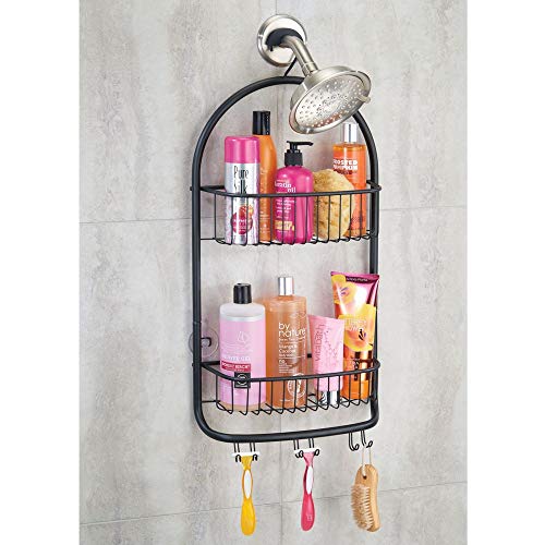 mDesign Organizador de ducha para colgar sobre el cabezal (grande) – Cesta de ducha sin taladro con ventosas – Estante para ducha de metal para champú, cuchillas, etc. – negro mate