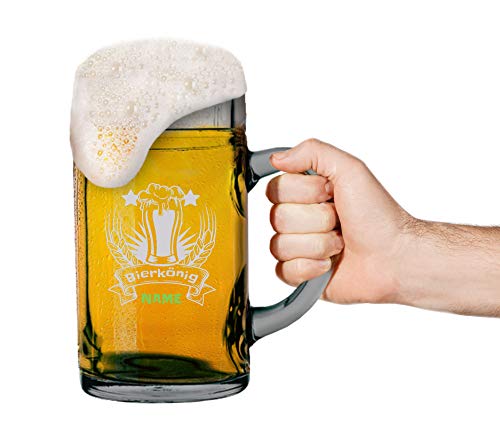 MeinGlas GmbH Jarra de Cerveza 1 litro con Logotipo, Nombre del Rey de la Cerveza, Grabado, Grabado Personalizado en la Jarra para Regalos personales