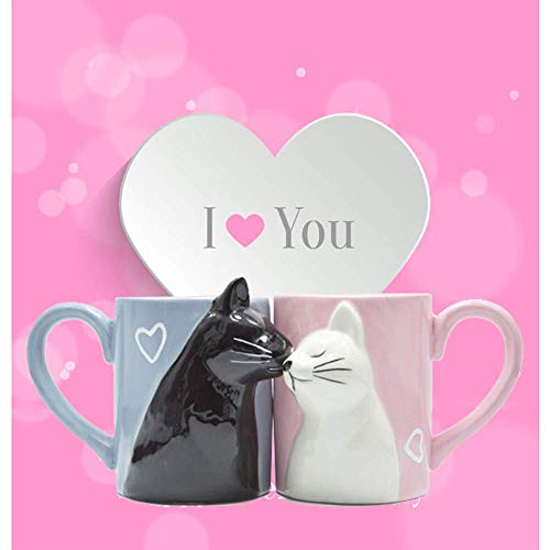 MengCat Gato Tazas de café par, Conjunto de Tazas de té de cerámica únicas, Taza de Boda para la Novia y el Novio,Beso Regalo a Juego para Aniversario, Compromiso, día de San Valentín, cumpleaños