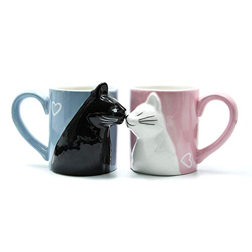 MengCat Gato Tazas de café par, Conjunto de Tazas de té de cerámica únicas, Taza de Boda para la Novia y el Novio,Beso Regalo a Juego para Aniversario, Compromiso, día de San Valentín, cumpleaños