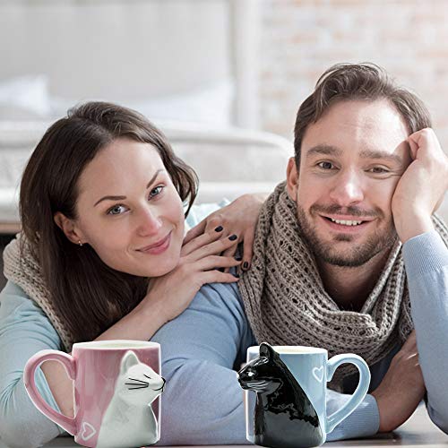 MengCat Gato Tazas de café par, Conjunto de Tazas de té de cerámica únicas, Taza de Boda para la Novia y el Novio,Beso Regalo a Juego para Aniversario, Compromiso, día de San Valentín, cumpleaños