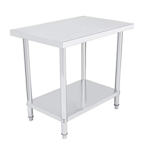 Mesa de trabajo profesional de acero inoxidable, doble capa altura ajustable Catering mesa de trabajo aparador de plata para cocina y operaciones industriales 91X61CM