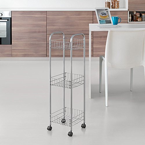 Metaltex Toronto Carro Multiuso Slim con Ruedas y Tres Estantes, Metal, Plateado, 23x23x83 cm