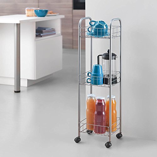 Metaltex Toronto Carro Multiuso Slim con Ruedas y Tres Estantes, Metal, Plateado, 23x23x83 cm