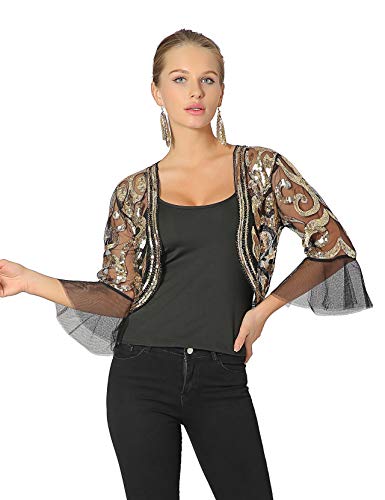 Metme Chaqueta de lentejuelas frente abierto del brillo del encogimiento de hombros recortada Bolero 2/3 Longitud de Bell mangas de encaje Cardigan Large Oro negro