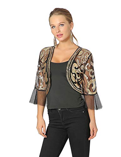 Metme Chaqueta de lentejuelas frente abierto del brillo del encogimiento de hombros recortada Bolero 2/3 Longitud de Bell mangas de encaje Cardigan Large Oro negro