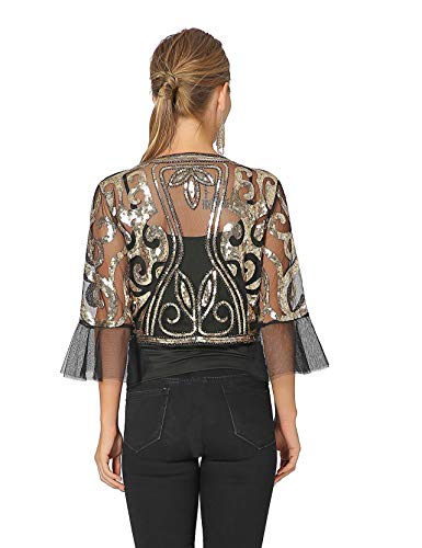 Metme Chaqueta de lentejuelas frente abierto del brillo del encogimiento de hombros recortada Bolero 2/3 Longitud de Bell mangas de encaje Cardigan Large Oro negro
