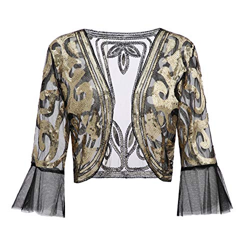 Metme Chaqueta de lentejuelas frente abierto del brillo del encogimiento de hombros recortada Bolero 2/3 Longitud de Bell mangas de encaje Cardigan Large Oro negro