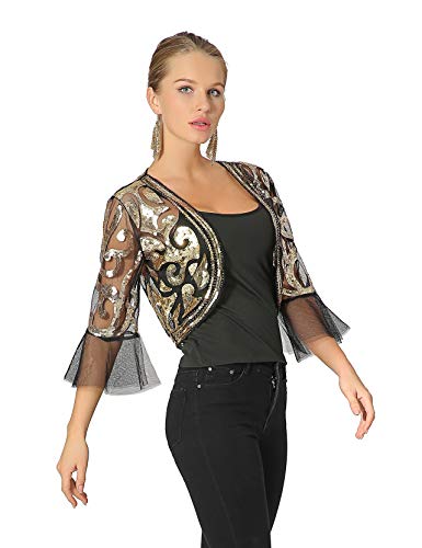 Metme Chaqueta de lentejuelas frente abierto del brillo del encogimiento de hombros recortada Bolero 2/3 Longitud de Bell mangas de encaje Cardigan Large Oro negro