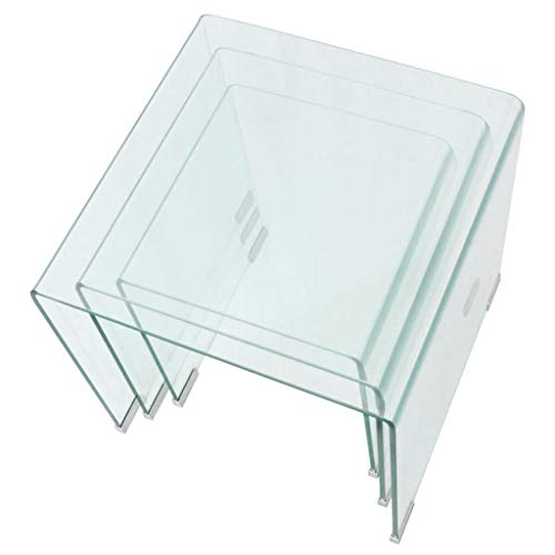 mewmewcat Set de 3 Multifuncional Mesas de Centro Apilables Nido de Salón Mesa de Cristal Mesita de Noche Mesa de Café Mesa Auxiliar de Vidrio de Seguridad Templado Claro
