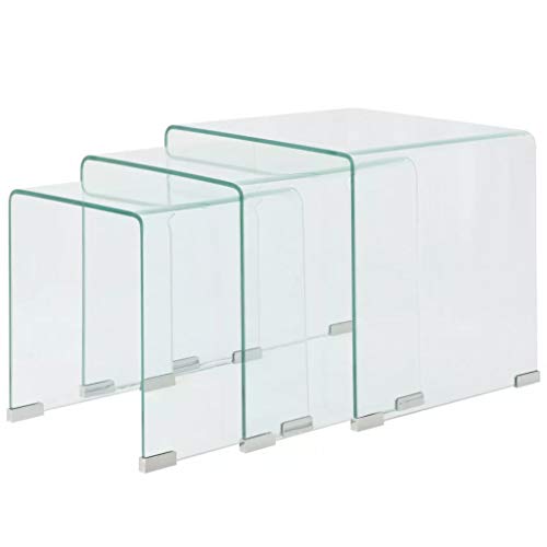 mewmewcat Set de 3 Multifuncional Mesas de Centro Apilables Nido de Salón Mesa de Cristal Mesita de Noche Mesa de Café Mesa Auxiliar de Vidrio de Seguridad Templado Claro