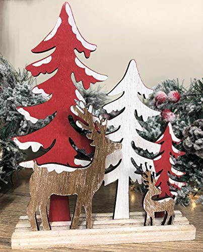 Mezzaluna Gifts Bosque Navidad Escena renos y árboles Navidad adorno de madera (rojo)
