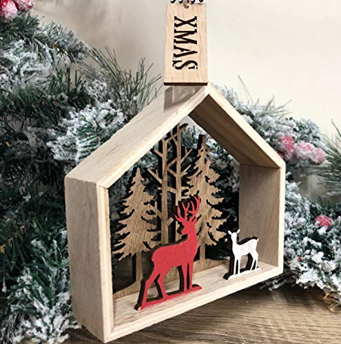 Mezzaluna Gifts - Casa de madera con renos y etiqueta de Navidad