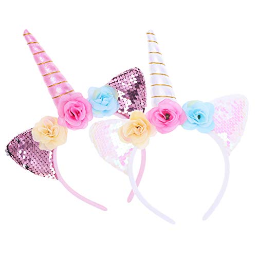 Minkissy 2pcs diademas de unicornio, lindas lentejuelas brillantes orejas de gato diademas de unicornio para fiesta de cumpleaños
