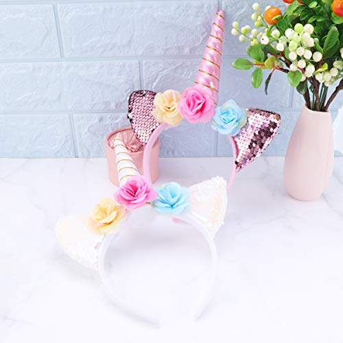 Minkissy 2pcs diademas de unicornio, lindas lentejuelas brillantes orejas de gato diademas de unicornio para fiesta de cumpleaños