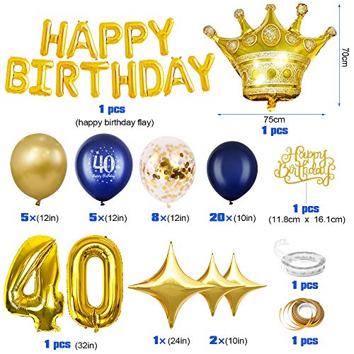 MMTX Decoraciones de cumpleaños, Oro Azul, decoración de Fiesta, decoración para Tartas, Pancarta de Feliz cumpleaños, Globos de Aluminio (40)