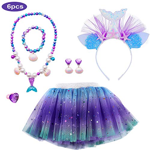 MMTX Faldas Tutu Tul Costume Regalo para Niñas Disfraces Sirena Cosplay Fiesta Danza Faldas 6 Piezas Sirena Joyas Set Sirena Diadema Collar Pulsera Anillo Pendiente para 3-8 Años Niñas Cumpleaño (M)