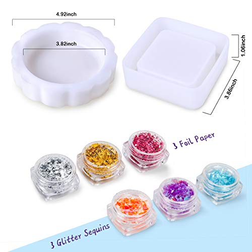 Mocoosy Moldes de resina de silicona, moldes de resina epoxi para cenicero, moldes de cenicero cuadrados redondos, kits de manualidades con 6 escamas de papel de aluminio brillante