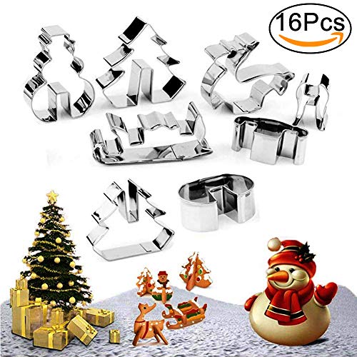 Molde de galletas navideñas - WENTS 16 Piezas Christmas Stainless Steel 3D Cookie Cutter DIY Muñeco de nieve Árbol de Navidad Trineo Decoración para Fiesta vacaciones(en caja)