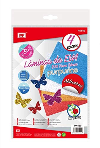 MP Pack 4 Hojas Goma Eva 2 mm, 200 x 300 mm, Multicolor (Goma Eva Con Purpurina Adhesivo)