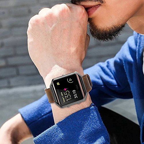 MroTech Fitbit Blaze Correa con Marco, Correa de Reloj de Cuero Genuino Vintage Pulseras de Repuesto Compatible Fitbit Blaze Smartwatch (Banda Marron Oscuro, Marco Negro)
