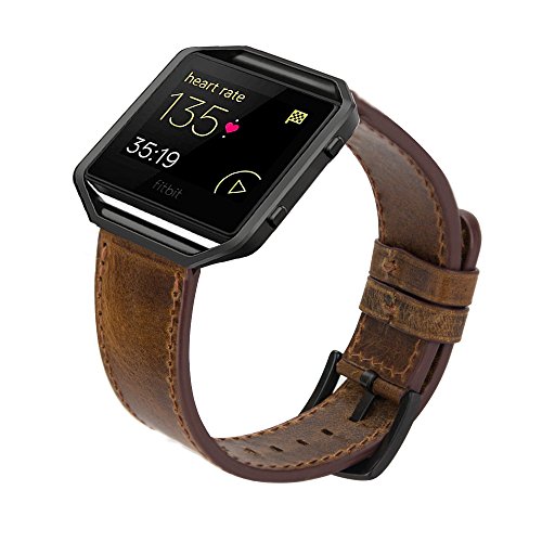 MroTech Fitbit Blaze Correa con Marco, Correa de Reloj de Cuero Genuino Vintage Pulseras de Repuesto Compatible Fitbit Blaze Smartwatch (Banda Marron Oscuro, Marco Negro)
