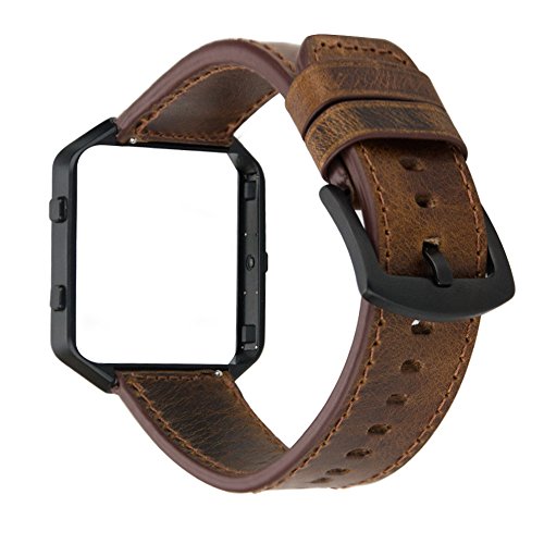MroTech Fitbit Blaze Correa con Marco, Correa de Reloj de Cuero Genuino Vintage Pulseras de Repuesto Compatible Fitbit Blaze Smartwatch (Banda Marron Oscuro, Marco Negro)