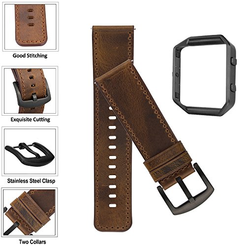 MroTech Fitbit Blaze Correa con Marco, Correa de Reloj de Cuero Genuino Vintage Pulseras de Repuesto Compatible Fitbit Blaze Smartwatch (Banda Marron Oscuro, Marco Negro)