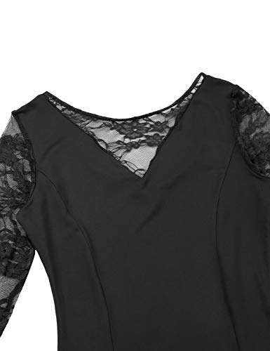 MSemis Vestido Litúrgico Baile Flamenco para Mujer Chica Vestidos Danza Flamenca Falda Larga Manga Encaje Disfraz Bailarina Rendimiento Fiesta Otoño Negro X-Large