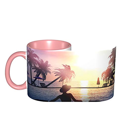 Mujer con sombrero en el resort durante la puesta de sol B Taza de café divertida 11 División Gu